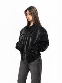 Design Matte Polished Black Padded Shoulder Coat For Women