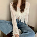 Drawstring V-neck Relaxed-fit Sun-protective Long-sleeve Cover-up