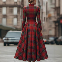 Stand-collar Long-sleeve Plaid Digital-print Zip-up Dress