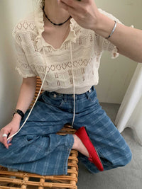 Hollow Stringy Selvedge Lace-up Knitted Top Women's T-shirt