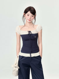 Women's Off-neck Short-sleeved T-shirt Summer Patchwork Top