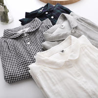 Womens Retro Small Lapel Double-Layer Cotton Yarn Long-Sleeve Shirt