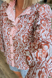Women's Vintage Print Long Sleeve Loose Peter Pan Collar Blouse