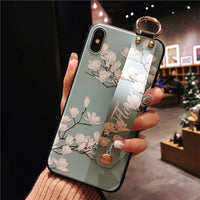 Compatible with Apple , Phone Case Vintage Floral Painted Embossed Wrist Strap