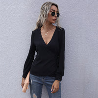 Long-sleeve Solid Color Slim-fit Commuter Black Pullover V-neck Base Layer T-shirt For Women