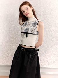 Diamond Plaid Half Collar Top Sleeveless Knitted Vest
