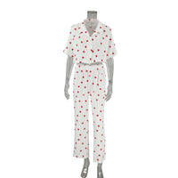 Heart-printed Crepe Cotton Pajama Pants And Short-sleeve Top Set