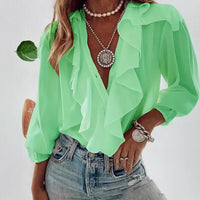 Women's V-neck Long-sleeve Ruffled-trim Top
