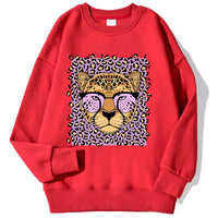 Womens Casual Loose Fleece-Backed Sweatshirt With Leopard Print