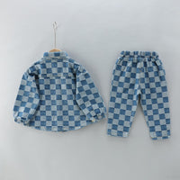 Plaid Double Pocket Lapel Long-sleeved Trousers Overalls Children's Suit