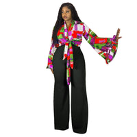 Plus-size Printed Flared-sleeve Top And Wide-leg Pants Two-piece Set