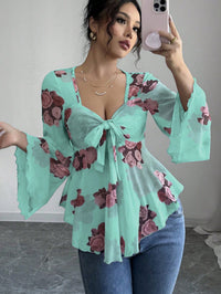 European And American Design Sense French Sweet Flower Blooming Lace-up Square Collar Long Sleeve Shirt