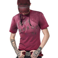 Men's Summer Spray Dirty Washed Distressed Slim-fit Red Short Sleeve