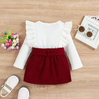 Girls Autumn And Winter Solid Color Lace Long-sleeved Corduroy Suit