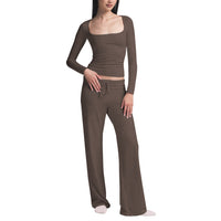 Women's Long-Sleeve Square-Neck Top And Yoga Pants Two-Piece Set