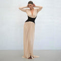 Womens Minimalist Long-Sleeve Color-Block Patchwork High-Slit Maxi Dress