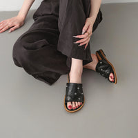 Women's Premium Full Grain Leather Studded Slide Sandals, Open Toe Flat Mules