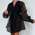Black Mesh Cardigan-laced Nightgown Sexy And Sheer