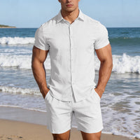 Men's Casual Button-up Short-sleeve Top And Shorts Two-piece Set