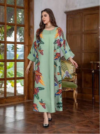 Elegant Floral Print Long Sleeve Abaya Dress
