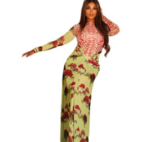 Womens Cinched Printed Patchwork Bodycon Skirt With A Round Neck And Long Sleeves Dress