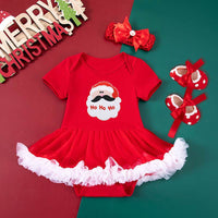 Baby Girl Christmas Party Holiday Clothes Cartoon Old Man Tree Baby's Gown Shoes Hair Accessories 3-piece Set
