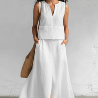 A Simple And Elegant Two-piece Set Featuring A V-neck Top And A Skirt