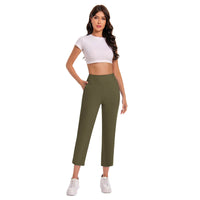 Womens Solid-Colored High-Waist Pockets Casual Pants