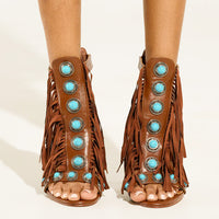 Women's Zipper Round Toe Hollow Tassel Sandals