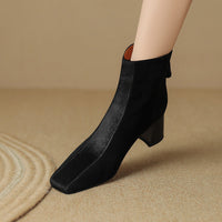 European And American-style Square-toe Chunky-heel Horsehair Short Boots In Winter Sheepskin