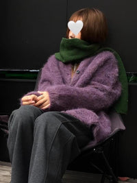 Purple Lazy High-end Mohair Cardigan Women's Autumn Winter Loose