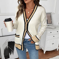 Loose V-collar Contrast Color Sweater Cardigan For Women