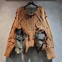 Personality Trendy Twist Weave Stitching Denim Round Neck Sweater