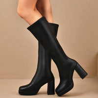 Chunky-Heeled Slimming Plus-Size Womens Leather Boots With Round Toes And Tall Shafts