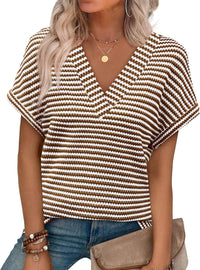 Casual Striped Textured Short-Sleeve Arrival V-Neck Knitted T-Shirt