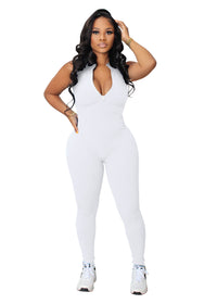 Women's Solid Color Stretch Small Sunken Stripe Zipper Jumpsuit