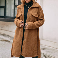 Mid Length Lapel Belted Single Breasted Plush Trench Coat