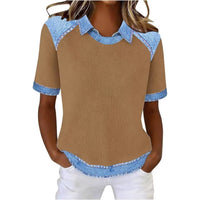 Denim Patchwork Crew Neck Short-sleeve Loose Casual Everyday Versatile