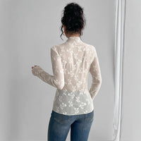 Butterfly Jacquard Mesh Slim Fit Stand-up Collar Long-sleeved
