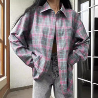 Retro Easy Matching Lapel Loose Plaid Shirt For Women