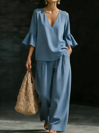 Womens V-neck Ruffle-Sleeve Top And Wide-Leg Pants Two-Piece Set