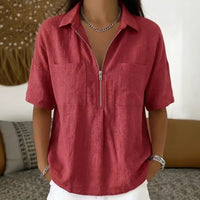 Loose-fit Lapel Short-sleeve Casual V-neck Zip-up Shirt