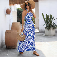 Blue-and-White Porcelain Print Halterneck Dress European And American Style Cross-Border Resort Beach Long Dress