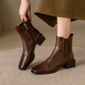 Retro Woven Square-toe Chunky-heel Womens Full-grain Leather  Boots With Elastic Side Panels