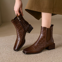 Retro Woven Square-toe Chunky-heel Womens Full-grain Leather  Boots With Elastic Side Panels