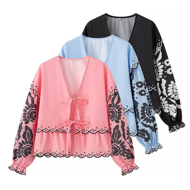 French Fashion Vintage Embroidered Flared Long Sleeve Lace-up Shirt