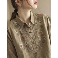 Womens Stylish, Loose-fitting Cotton-linen Long-sleeve Embroidered Shirt