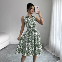 Stylish Printed Sleeveless Lace-Up Waist-Cinching Dress