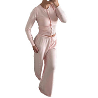 Stylish Summer Cardigan With Buttons Knitted Long-Sleeve Crew-Neck Top And Pants Casual Set