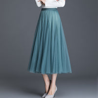 Womens Mid-Waist Pleated Flowy Mesh Lace Skirt